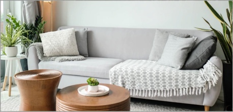 a light colored couch with a wooden coffee table and planters